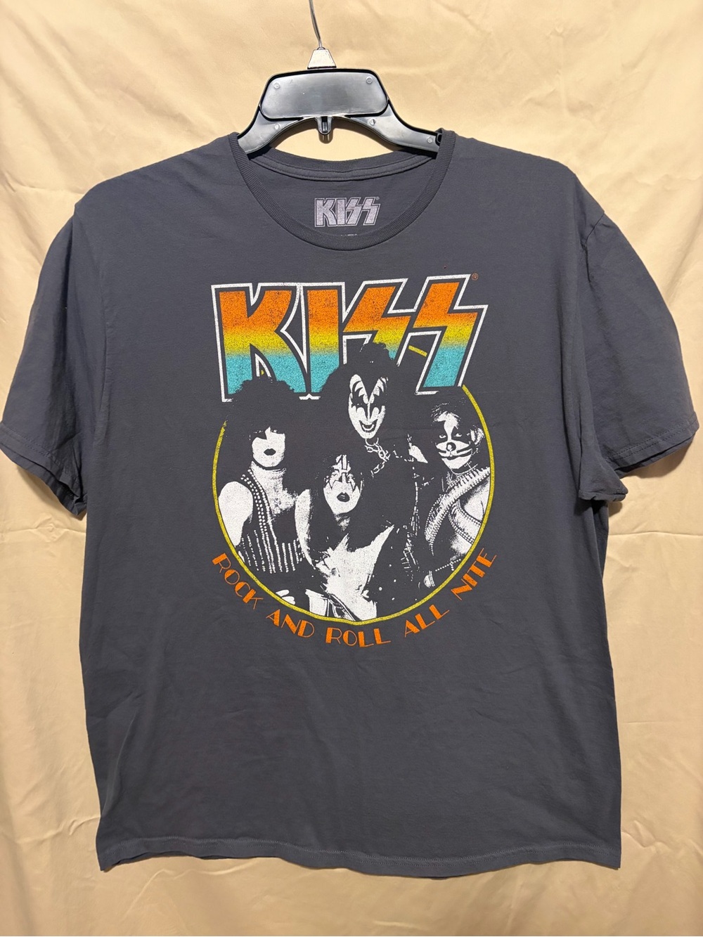 Kiss Short Sleeve Tee with Multicolor Gradient Logo on Charcoal Gray